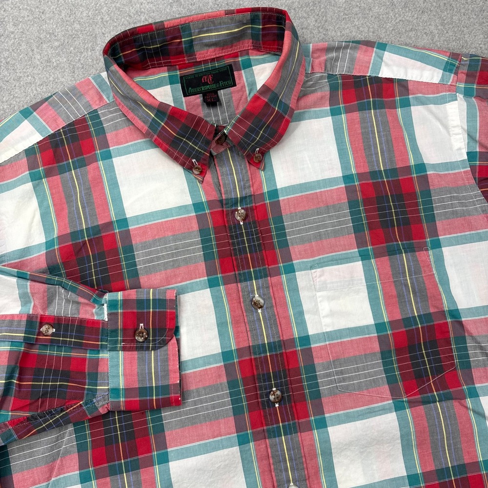 Vintage 80s Abercrombie & Fitch Madras Plaid Button Down Shirt Mens XL Red *FLAW